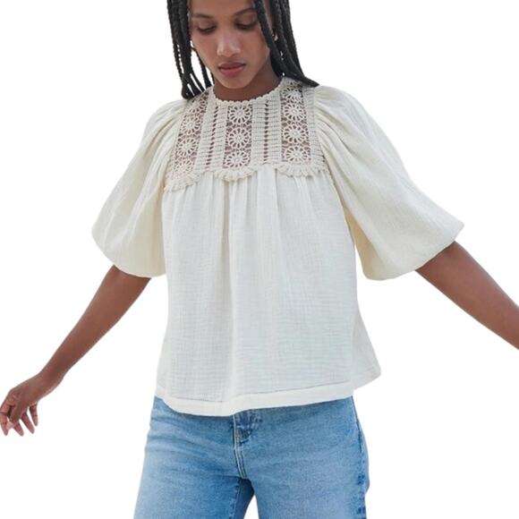 Saylor Nakai Blouse Medium Boho Cream Crochet Peasant Top Cottage Prairie Gauze - Picture 1 of 7